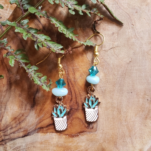 House Plant x Amazonite Stones x Aqua Blue Glass Crystal Dangling Earrings - Picture 1 of 2